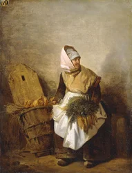 En bondekone med grøntsager og brød,