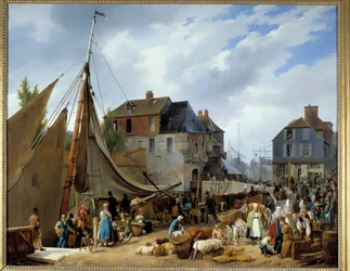 Bording kvæg på passageren”” i havnen i Honfleur”” Maleri af Auguste-Xavier Leprince (1799-1826) 1823. Dim. 1,3x1,6 m.