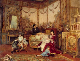 Victorianske Sardou (1831 - 1908), dramatiker og hans børn. Udsigt fra det indre af en stue med ild foran pejsen. Maleri af Auguste La Brely (1838-1906)