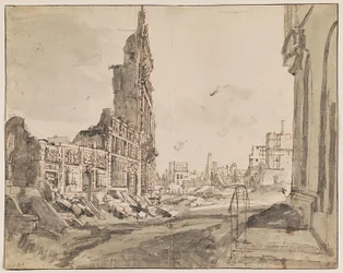 Vu over nordøst og nordvest hjørnerne af Grand Place efter bombardementet i 1695