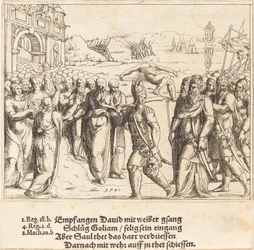 David bliver budt velkommen efter at have dræbt Goliat og Sauls jalousi, 1547.