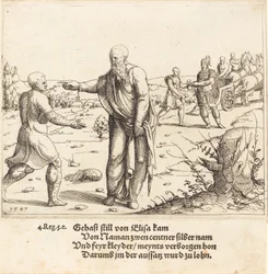 Elisha straffer Gehazi med Naamans spedalskhed, 1547.