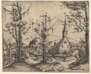 Landskab med fire træer og en kirke til højre, 1545.