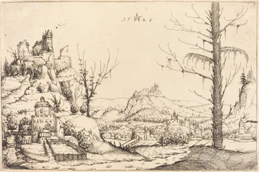 Landskab med høje klipper, flod og by, 1546.