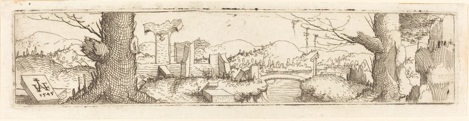 Landskab med en bæk og ruiner, 1545.
