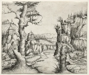 Flodlandskab med klipper til venstre og til højre, 1546.