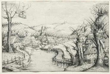 Flodlandskab med tre nøgne piletræer til højre og en lang snoet træbro..., 1546.