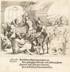 Mændene fra Ephraim passer på deres fanger og returnerer dem til Jerico, 1549.