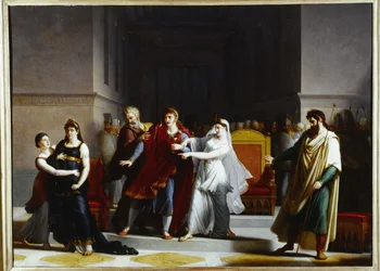 Sidste scene i tragedien "Rodogune" på Théâtre-Français, 1810 (olie på lærred)