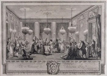 Aftenkjolebal i Monsieur de Villemorien Filas hus, indgraveret af L. Provost (se også 55452)