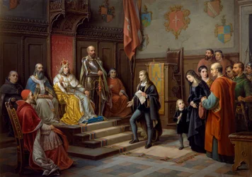 Frederik III, der bliver presset til at marchere mod tyrkere af Trieste-digteren Raffaele Zovenzoni, maleri af Augusto Tominz (1818-1883)