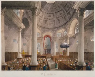 Interiør af Church of St Stephen Walbrook under en gudstjeneste, City of London, 1809