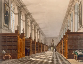 Interiør af Trinity College Library, Cambridge, fra The History of Cambridge, indgraveret af Daniel Havell (1785-1826), pub. af R. Ackermann, 1815 (farveakvatint)