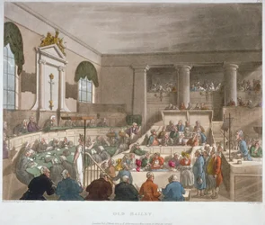 Indvendigt billede af Sessions House, Old Bailey, med en domstol i session, City of London, 1809