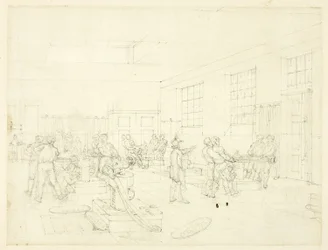 Studie til The Mint, fra Microcosm of London (recto); Skitse af gårdsplads (verso)