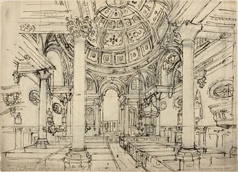 Studie for Walbrook Church (recto); Skitser af sejlbåde, mænd og joller (verso)