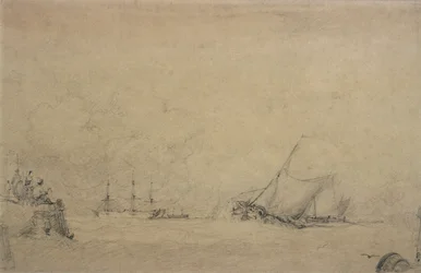 Lugger laver for munden af en havn (tegning)
