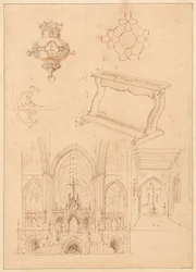 Design til gotisk udsmykning, en knæler og to skitser af det indre af gotiske kirker
