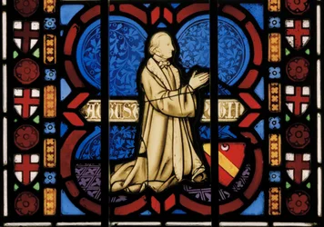 Pugin knæler ved bøn, Chapel East Window, ca. 1844 (farvet glas)