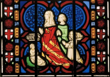 Pugins anden kone Louisa med sin steddatter Anne og hendes to døtre Agnes & Katherine, Chapel East Window, ca. 1844 (farvet glas)