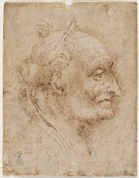 Gammelt hvælvingshoved til højre, 1500-tallet (metallisk spids, kul, pen og blæk)