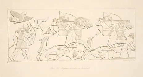 Assyriske krigere til hest, fra Monuments of Nineveh, pub. 1849
