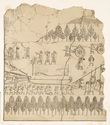 Assyrere flytter en bevinget tyr på en slæde (Kouyunjik), fra Monuments of Nineveh, pub. 1849 (gravering)