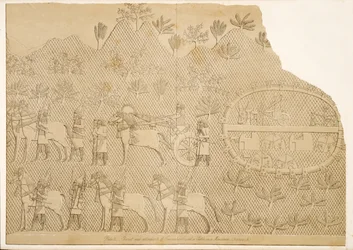 Vogn og ledsagere af Sanherib og et slot på et bjerg (Kouyunjik), fra Monuments of Nineveh, pub. 1849
