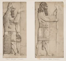 Fish God (Nimroud) og figur nær en indgang (Kouyunjik), fra Monuments of Nineveh, pub. 1849