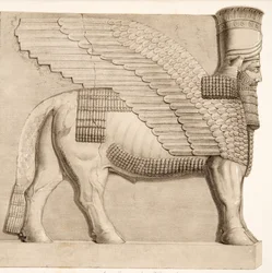 Menneskehovedet tyr og bevinget figur fra en port i muren omkring Kouyunjik, fra Monuments of Nineveh, pub. 1849