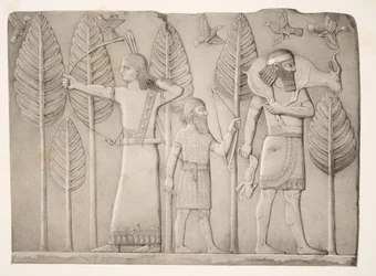 Jægere med Gazelle, hare og fugle (Khorsabad), fra Monuments of Nineveh, pub. 1849