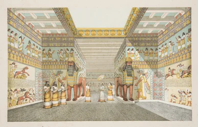 Rekonstruktion af hallen i et assyrisk palads, fra Monuments of Nineveh, pub. 1849 (håndkoloreret gravering)