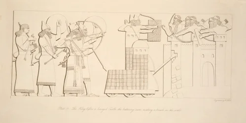 Kongen foran et belejret slot, slagramen, der laver et brud på murene, fra Monuments of Nineveh, pub. 1849