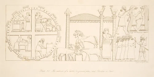 Det indre af et slot (en grundplan) og pavillon eller telt, fra Monuments of Nineveh, pub. 1849