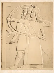 To bueskytter og en skjoldbærer, fra Monuments of Nineveh, pub. 1849