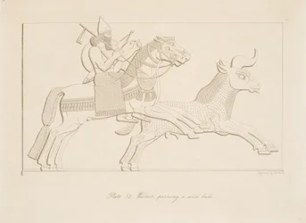 Kriger, der forfølger en vild tyr, fra Monuments of Nineveh, pub. 1849