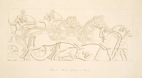 Krigere, der kæmper i Chariots, fra Monuments of Nineveh, pub. 1849