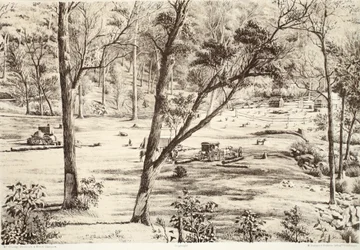 Free Selectors Hut, fra The History of Australasia af David Blair, McGrady, Thomson og Niven, 1879