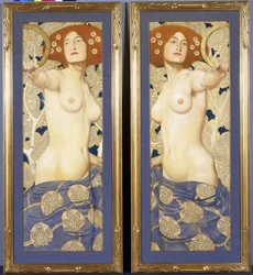 Et par pasteller på papir, forestillende halvnøgne kvindefigurer, ca. 1900