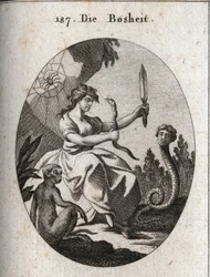 Alegori af mekanikken. Hun ser glad ud med en skygge og en dolk. Dens egenskaber er slangen med et menneskeligt ansigt, der ønsker svindel, aben, der er ondskabens emblem, og araignee, der hentyder til fælder. Gravering i "" Iconologie eller Idee