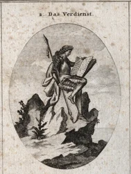 Allegorie du merite repræsenterer på toppen af ​​en klippe stejl med våben og en bog, der symboliserer det som et resultat af hans værker og studier. Indgravering i "" ikonologi eller ideer fra området lidenskaber og allegorier afbildet til tegning