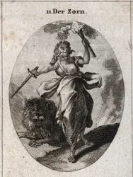 Allegori af vrede repræsenteret i en rastløs holdning, et bind for øjnene, et sværd og en fakkel i hænderne. Den er klædt med bjørneskind og løven bag den er furiositis. Gravering i "" Iconologie oder Ideen aus dem Gebiete der Leidenschaften und Allegorien