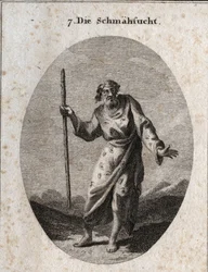 Allegori om skyld repræsenterer af Momus satyrens og irettesættelsens Gud som en gammel mand, der taler og slår jorden. Hans tøj er overstrøet med ører, øjne og tunger. Gravering i "" Iconologie oder Ideen aus dem Gebiete der Leidenschaften und Allegorien