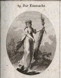 Allegori af enighed repræsenteret med en krone af granater emblem af foreningen. Olivengrenen og et symbol på fred og bjælken af værfter, der er tæt bundet sammen, markerer kraften i forenede kræfter. Gravering i "" Iconologie oder Ideen aus dem Gebiete de