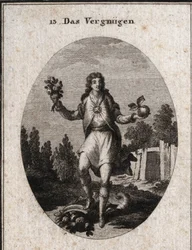 Allegori om tilfredshed repræsenteret af en ung mand, der holder et gyldent æble med den ene hånd og en buket blomster på den anden. De viser, at alt, hvad der omgiver ham, deltager i hans glæde, som er symboliseret ved, at rubinen stråler på hans bryst. D