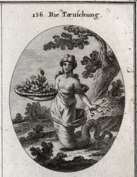 Allegori over bedrag. Blandt blomsterne i kurven er der en slange. Bag sig skjuler hun flere fiskekroge. Hendes ben ender i en slangehale for at vise, at hun kryber for at nå sine mål. Stik i »Iconologie oder Ideen aus dem Gebiete der Leidenschaften«