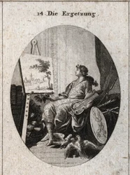 Allegori om nydelse repræsenteret af en ung mand, der holder en lyre i nærheden af et maleri med frugter, bøger, våben og to colombenter, der kærtegner hinanden, alt sammen symboliserer sansernes charme. Gravering i "" Iconologie oder Ideen aus dem Gebiete