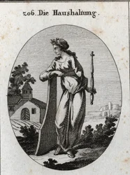 Allegori om økonomi. Den er kronet med en olivengren, der symboliserer fred. Den læner sig op ad et ror og holder et scepter og kompas, magtemblemer og den nøjagtige regering. Gravering i "" Iconologie oder Ideen aus dem Gebiete der Leidenschaften und Alle