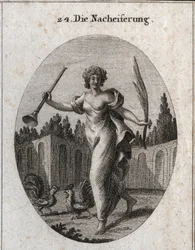 Allegori over kappestrid. Trompeten og palmen symboliserer den belønning, der tilskrives fortjeneste. Attributterne er to haner klar til kamp. Stik i “Iconologie oder Ideen aus dem Gebiete der Leidenschaften und Allegorien bildlich dargestellt für