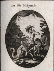Allegori om misundelse i form af en meget grim gammel kvinde. I raseri bider hun sin næve, og en slange forsøger at bide hendes hjerte. Hun sidder på en hydra, et monster ligner hende. Gravering i "" Iconologie oder Ideen aus dem Gebiete der Leidenschaften